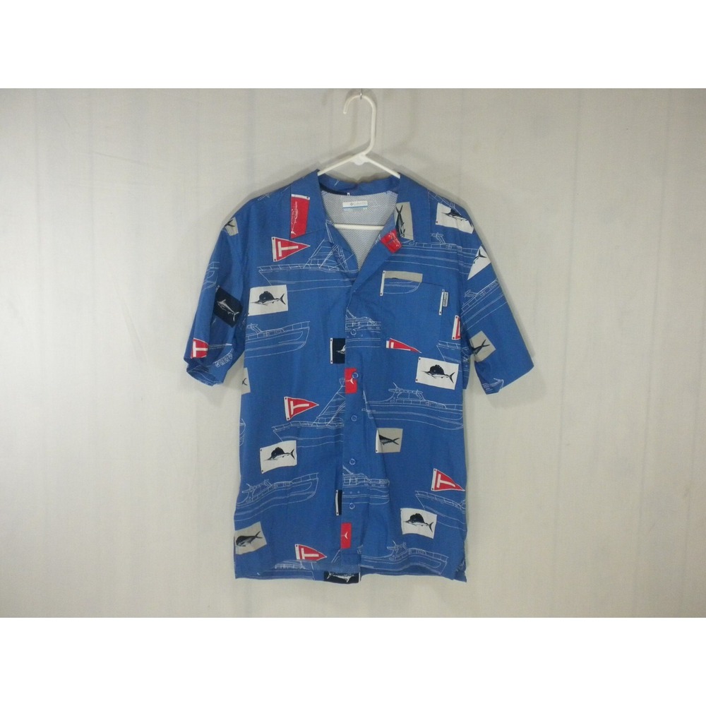 Columbia PFG Shirt M Blue Ocean Fishing Trollers Vented Button Up Short Sleeve‎